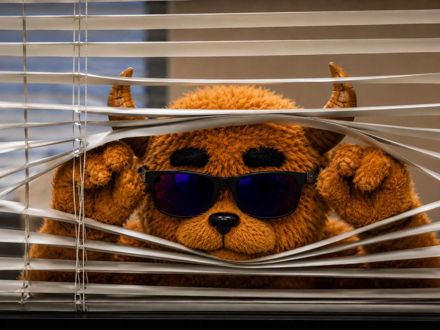 Mumpsy peeking through office blinds
